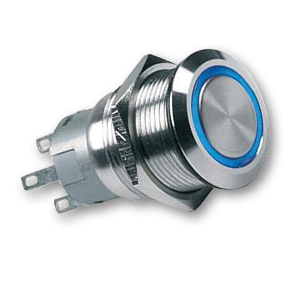Διακόπτης On-Off Inox Με Led Μπλε 24V Φ19 5Α Megaled