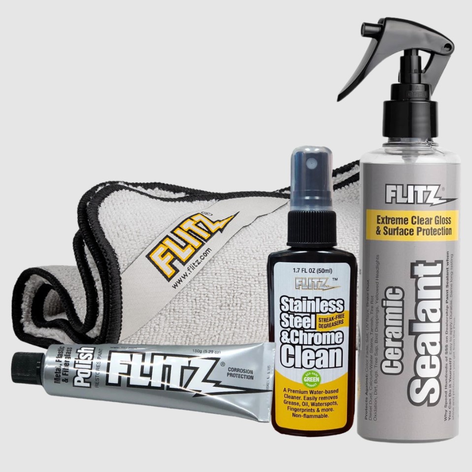 Flitz Metal Polish Kit Cleaner + Polish + Ceramic Sealant + Microfiber